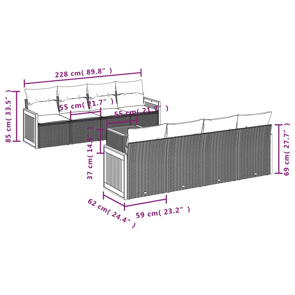 Set Divano da Giardino 9 pz con Cuscini Grigio in Polyrattan 3259904