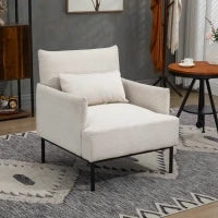 Poltrona Moderna d'Arredo con Cuscino Extra, in Tessuto Effetto Lino e Acciaio, 73x81x82 cm, Bianco Crema