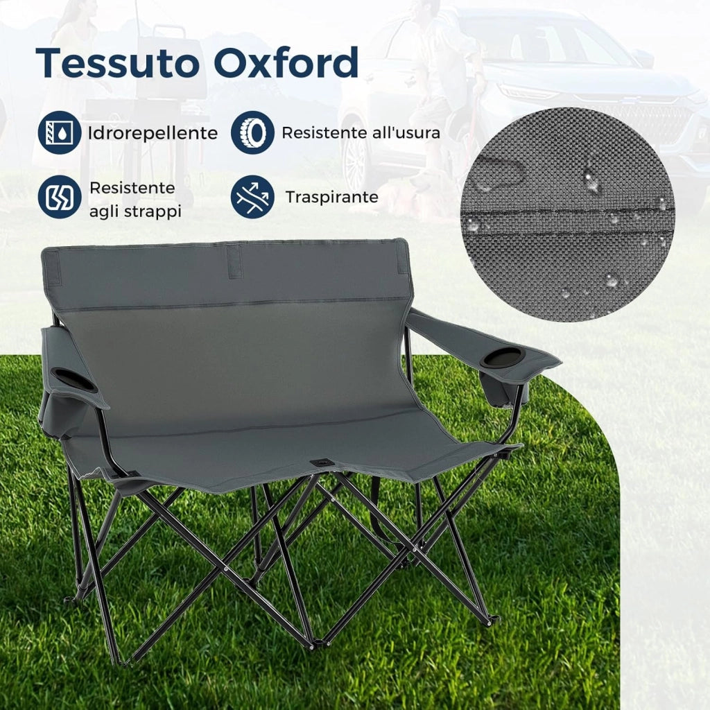 Sedia da Campeggio Doppia, Poltrona Pieghevole per 2 Persone con Portabicchieri, Borsa per il Trasporto, Sedia da Giardino Portatile per Spiaggia, Picnic, Pesca, Portata 300 kg (Grigio)