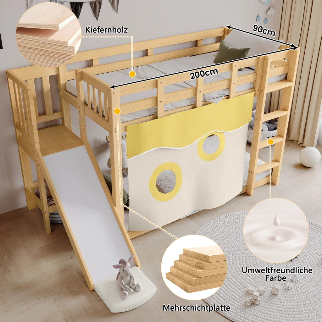 Letto a Castello 90x200 cm; 2 Posti; Scala; Sponde; Rampa e Tende; in Legno Naturale
