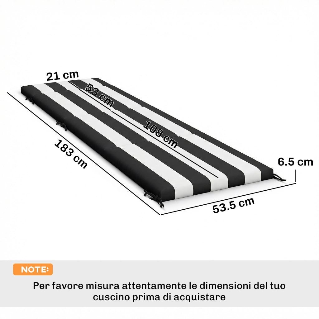 Set 2 Cuscini per Sedie da Esterno 183x54x6,5 cm con 6 Lacci di Fissaggio in Cotone Nero e Bianco