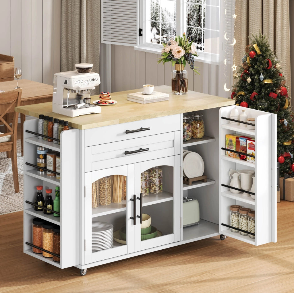 Isola da cucina mobile in MDF naturale e bianco con piano ribaltabile; 120 x 45/70 x 90 cm