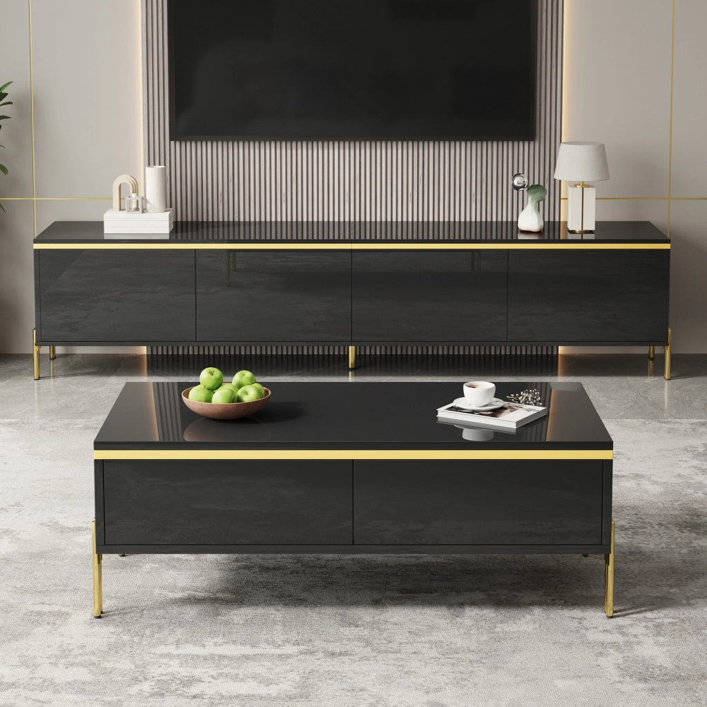 Set mobile TV e tavolino da caffè nero con finiture lucide e dettagli dorati