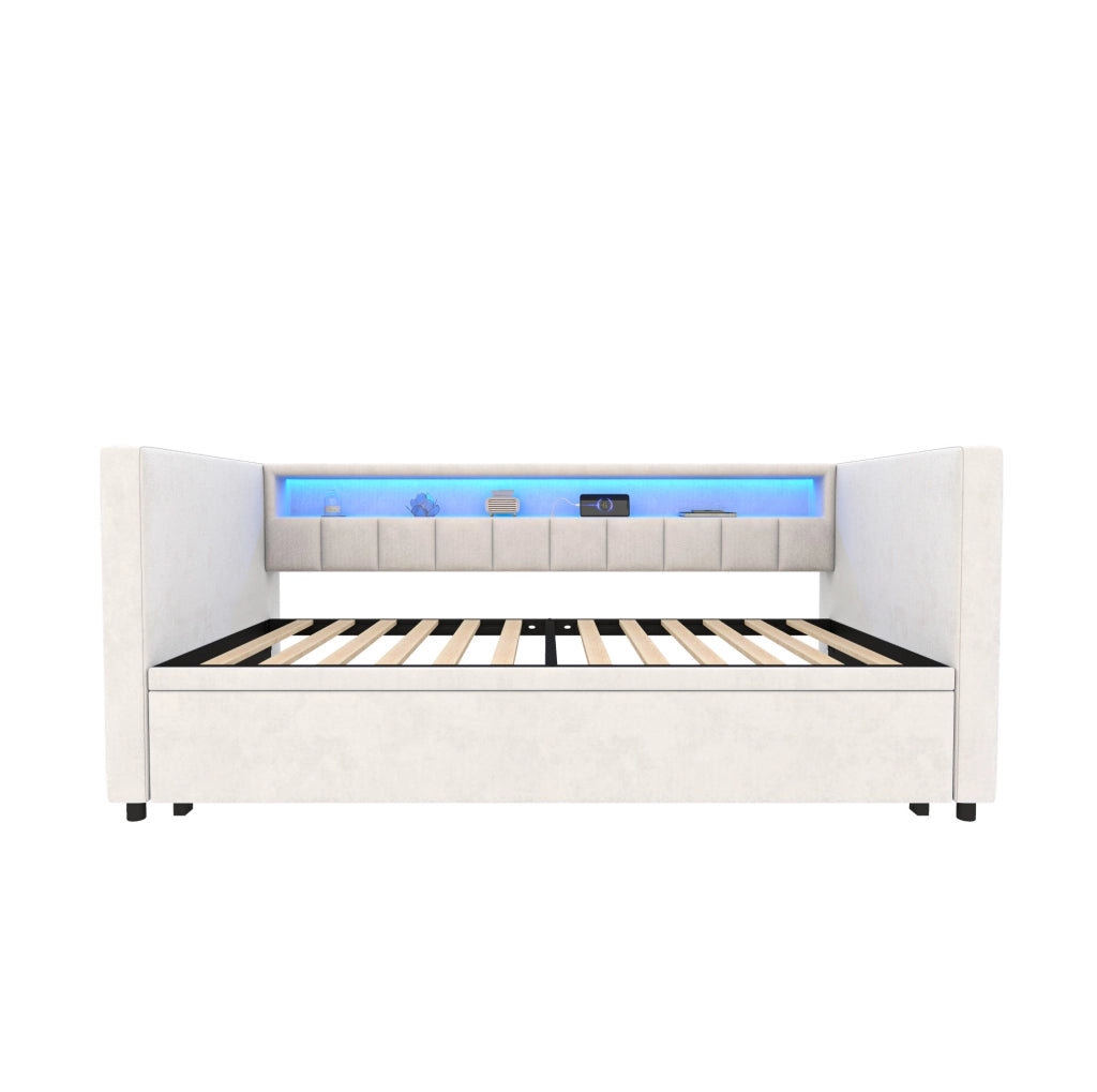 Divano letto 90x190 cm estraibile con LED e USB in velluto beige