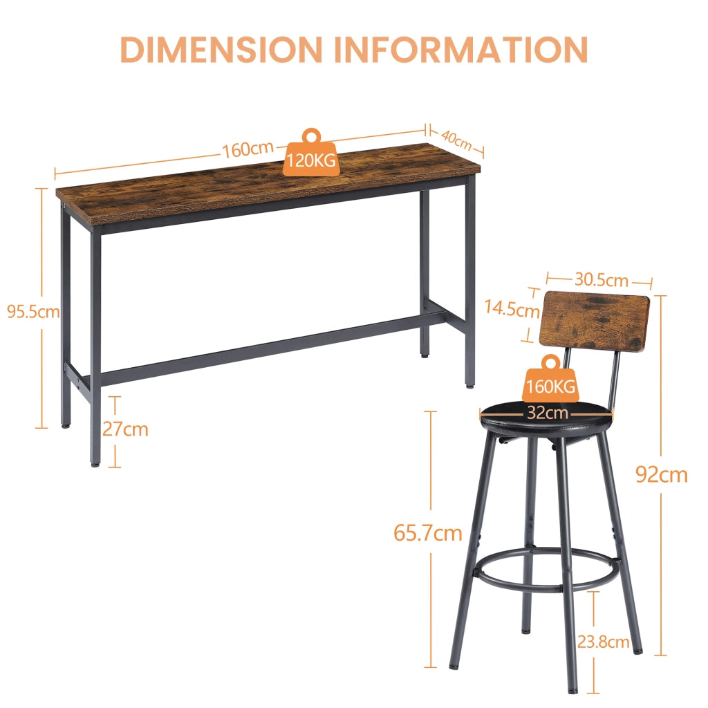 TAVOLO BAR 160x40 cm con 3 sgabelli, marrone rustico e nero