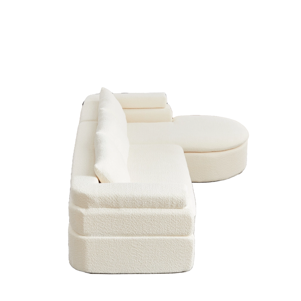Divano angolare con chaise longue in ciniglia con schienali imbottiti e seduta sagomata a gradoni beige per soggiorno