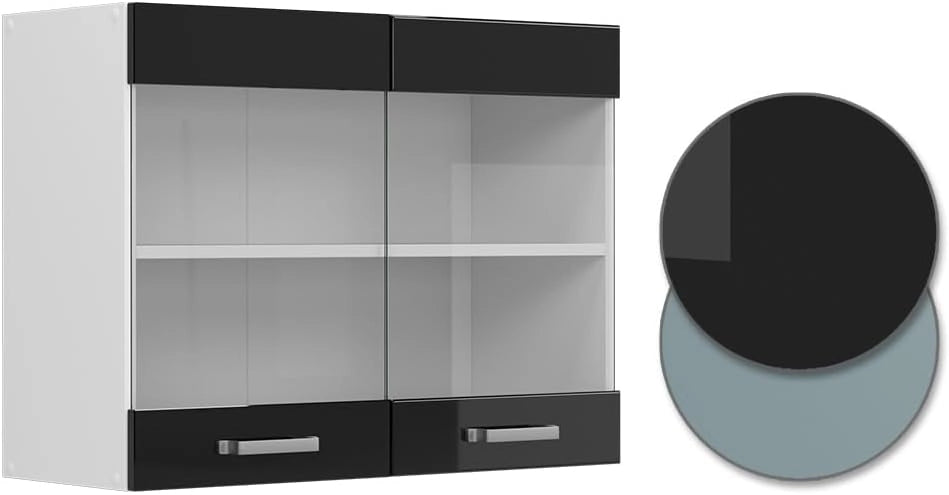 Mobile da cucina in vetro R-Line, Nero lucido, 80 cm, per la libera combinazione all'interno di sistemi cucina modulari