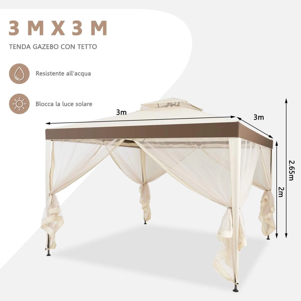 Gazebo da Giardino con Zanzariera 3 x 3 m, Struttura in Acciaio e 4 Tendine Poliestere Laterali (Beige)
