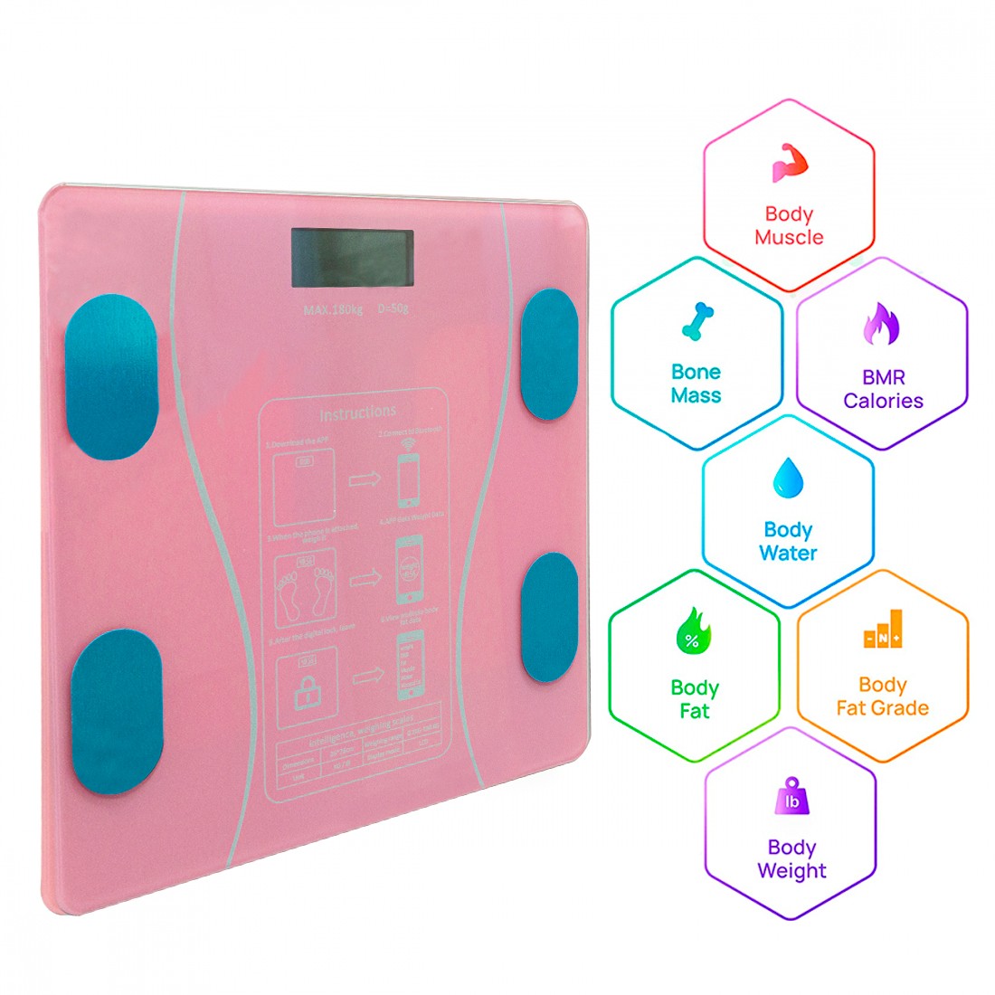 Bilancia Pesapersone Digitale Max 180 Kg in Vetro con App Bluetooth Rosa