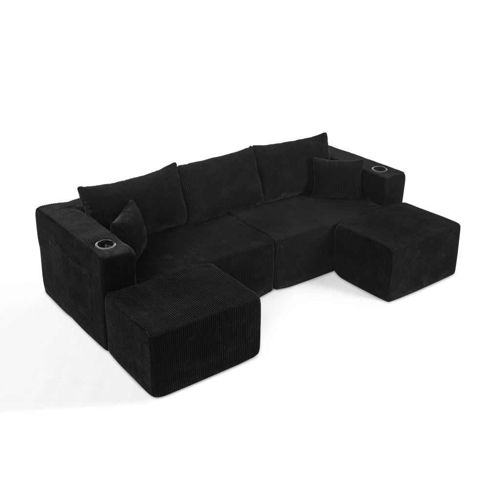 Divano ad angolo a 3 posti, design modulare, rivestimento in velluto a coste, con portabicchieri e cuscini, nero