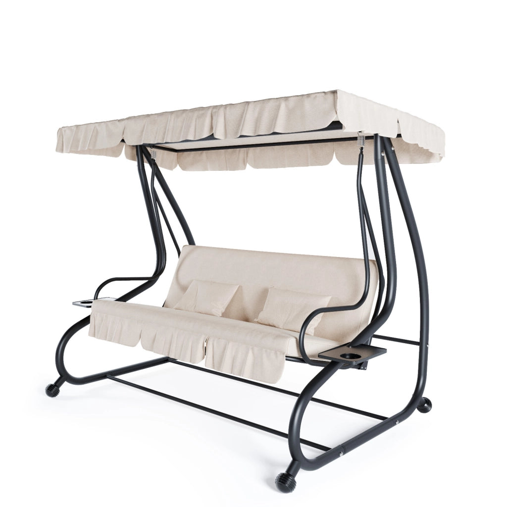 Dondolo Da Giardino 3 Posti Trasformabile In Letto Con Schienale Reclinabile Tetto Parasole Orientabile Cuscinatura Comfort Per Terrazza Balcone Patio E Outdoor Relax 200 x 120 x 160 Cm Beige
