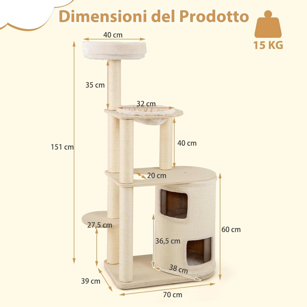 Albero per Gatti 151 cm, Tiragraffi per Gatti Adulti con Condo a 2 Piani, Tiragraffi in Sisal e Tappetino, Amaca e Cuscino, Mobile per Animali Domestici
