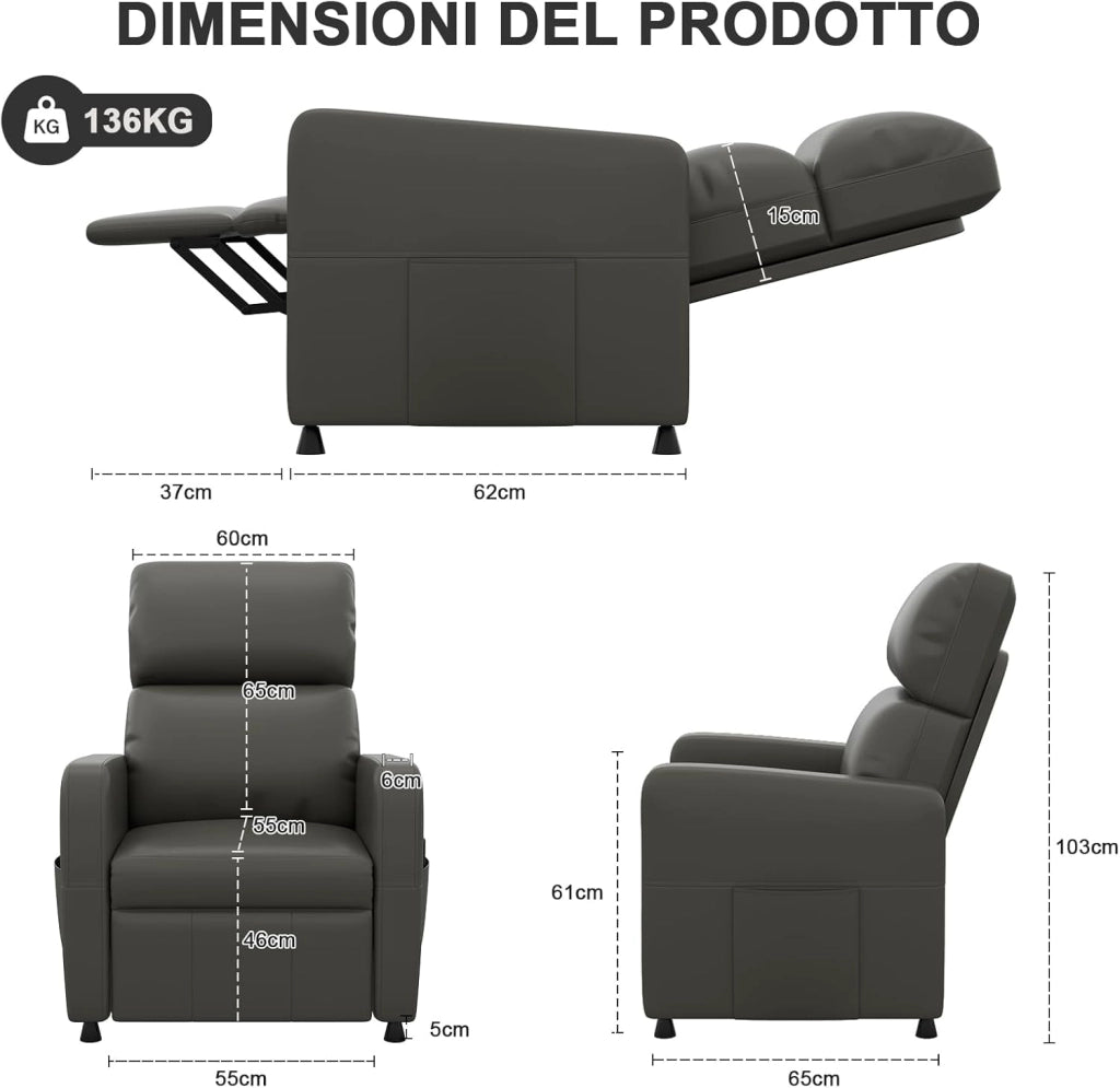 Poltrona Relax Elettrica Ergonomica Reclinabile 90°-165°in Pelle PU, Poltrona Reclinabile con Schienale e Poggiapiedi Regolabile, per Soggiorno/Ufficio, con Tasconi Laterali, Verde grigio