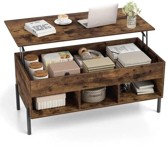 Salontafel con tavolo ripiegabile, grande cassetta di archiviazione nascosta e 3 cassetti aperti - Stile Rustico Moka