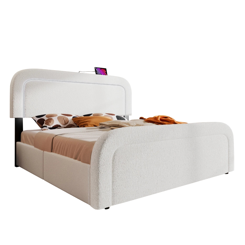 Letto matrimoniale 140x200 cm in Sherpa bianco con USB-C, LED e 4 cassetti