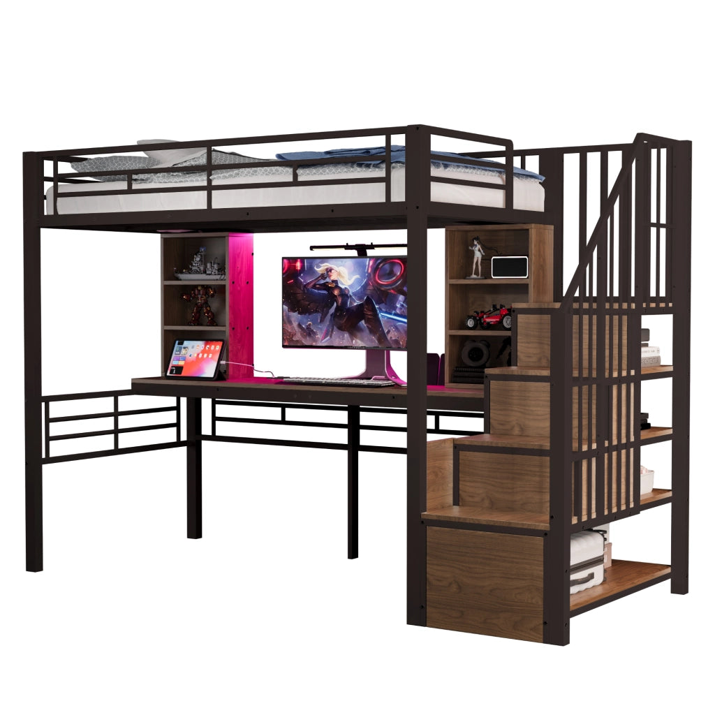 LETTO A SOPPALCO 90 x 200 cm con scrivania, LED, scala contenitore, nero