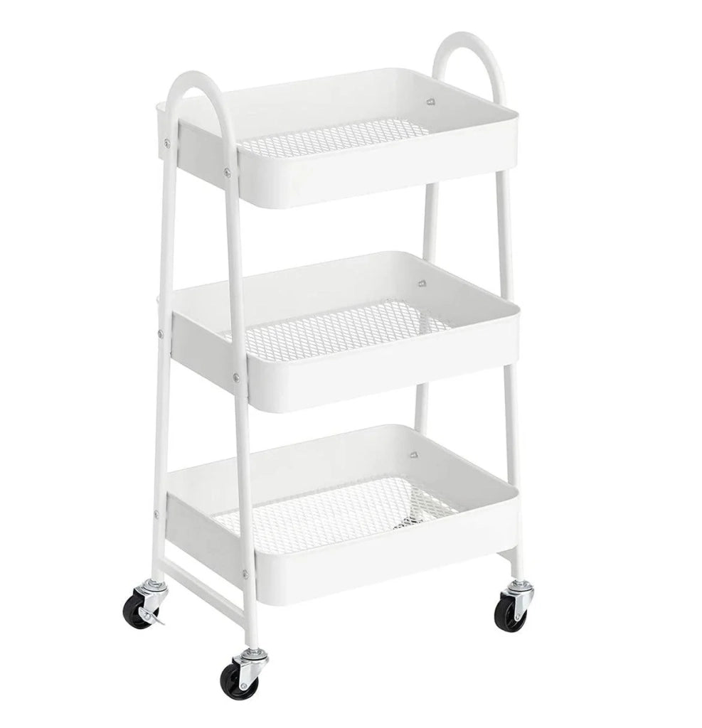 Carrello mobile a 3 livelli carrello su ruote ripiano portaoggetti in metallo con maniglie 2 freni montaggio semplice per officina camera da letto cucina lavanderia bianco 12_0002455