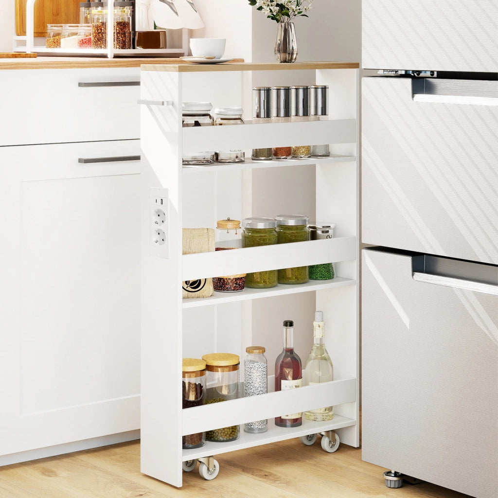 Carrello da cucina 4 ripiani con stazione di ricarica maniglia e parapetti-Scaffale stretto a sfilo con ruote bloccabili per cucina  Bianco e naturale