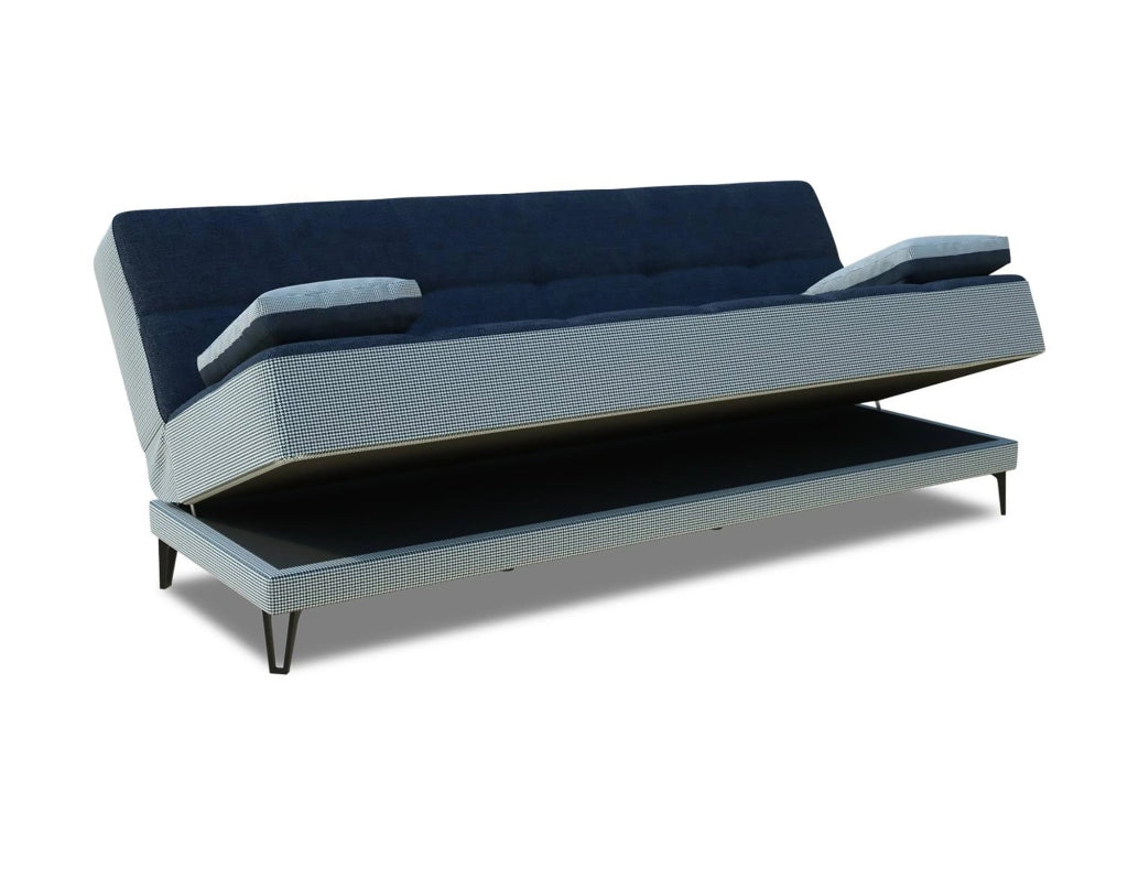 Divano letto Aborigeni, Divano letto a 3 posti con piedini in metallo nero , SofÒ  da soggiorno in tessuto imbottito con apertura click-clack, 190x87h97 cm, Grigio e Blu