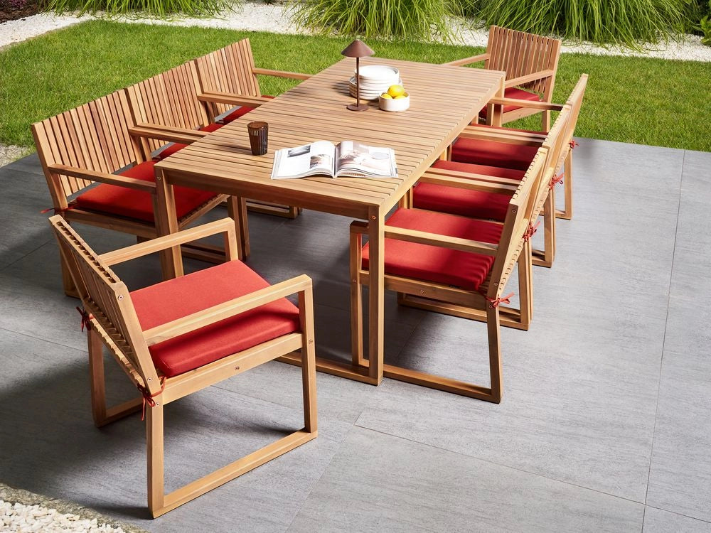 Set da Giardino Legno di Acacia chiaro con Tavolo e 8 Sedie con Cuscini rosso giardino terrazzo