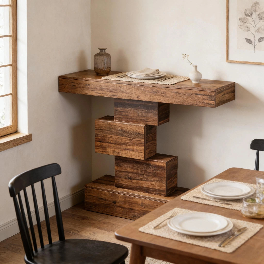 Consolle con struttura geometrica e ripiano decorativo per ingresso e soggiorno in legno marrone scuro 108 × 30 × 80 cm