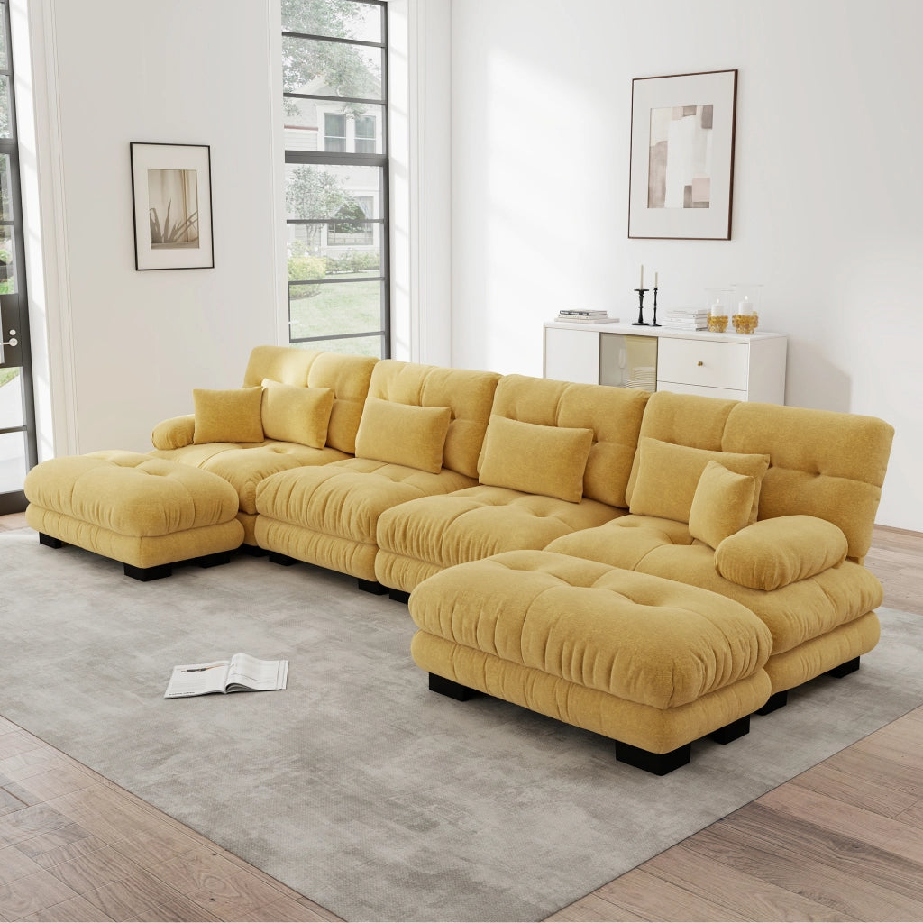 Divano angolare modulare in chenille con ottomano mobile e cuscini lombari, giallo 406 × 145 × 81 cm