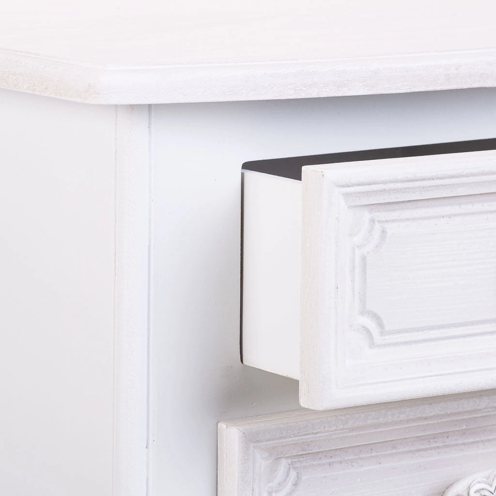 Comodino in legno con 2 cassetti e 1 ripiano bianco 38x31,5x71.