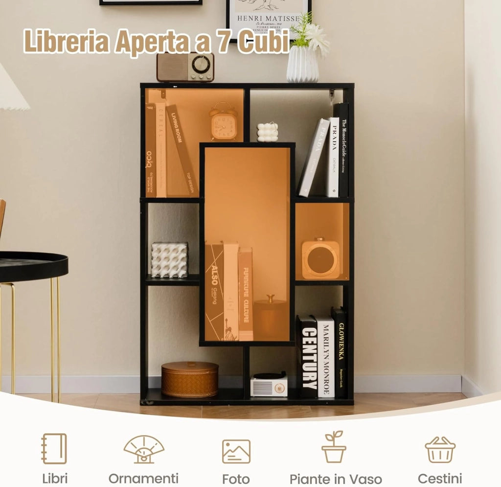 Libreria in Legno, Scaffale Aperto Geometrica a 7 Cubi, Scaffale da Esposizione con Dispositivo Anti-Ribaltamento, per Ufficio Soggiorno Camera da Letto, 60x20x90 cm (Nero)