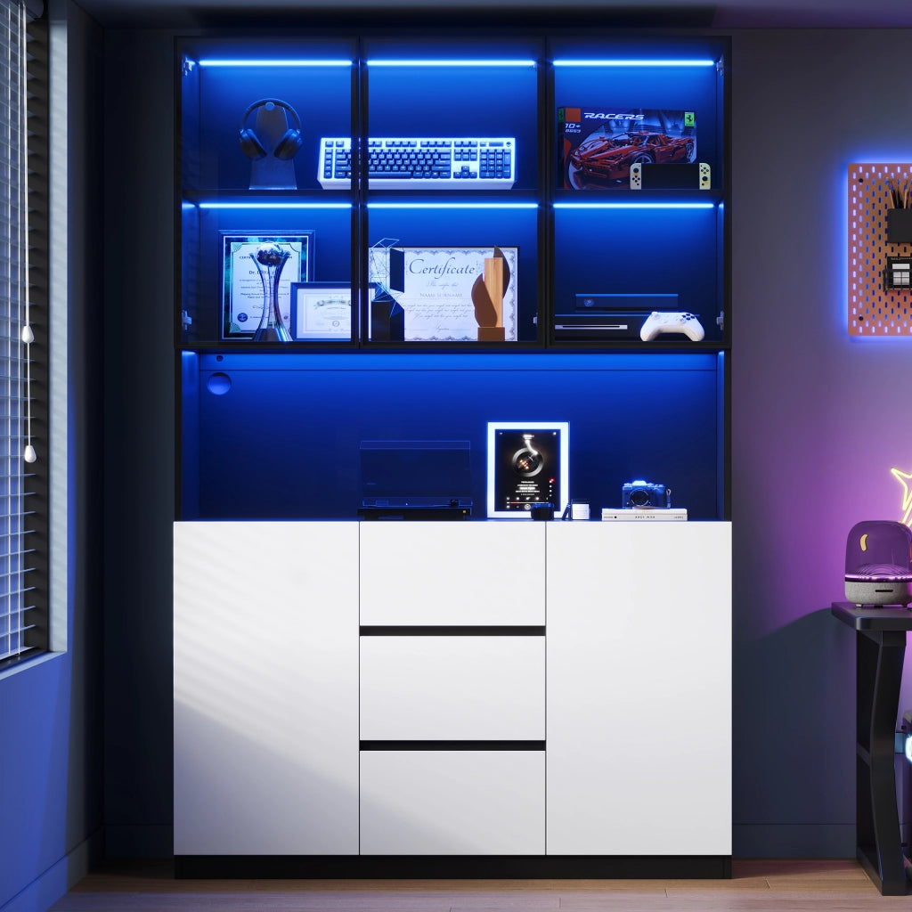 Vetrina in vetro con LED 120x40x200 cm; MDF nero; con ripiani aperti; 3 cassetti e 2 ante