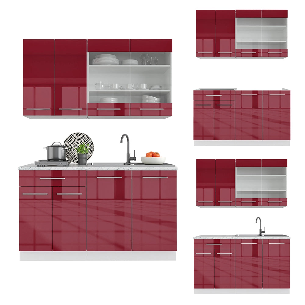 Cucina completa Fame-Line Bordeaux lucido/Bianco 140 cm, PL Marmo Vicco
