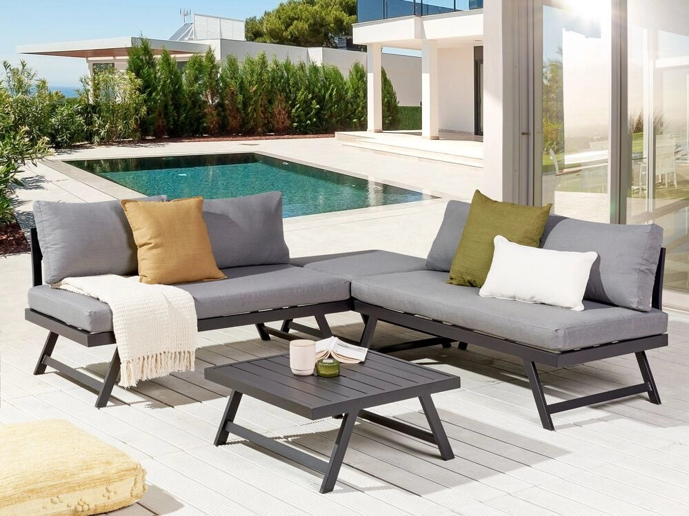 Set Divani Da Giardino 5 Posti grigio e nero Struttura Bianca Sedili Regolabili Tavolino Design Moderno