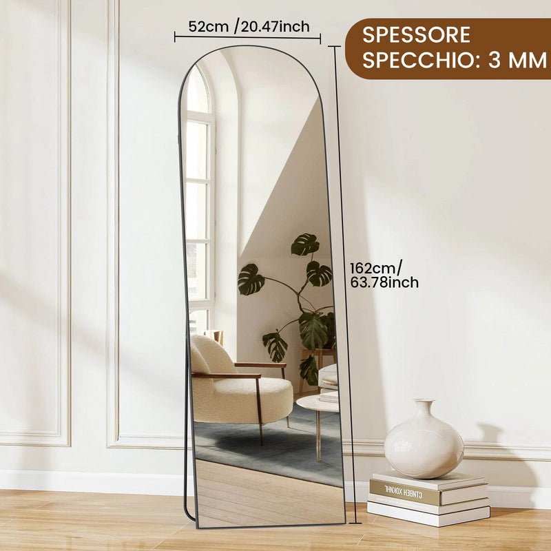 Specchio a figura intera 162 x 52 cm, specchio arcuato, specchio da terra con supporto, specchio arcuato a figura intera nero, da terra o inclinabile