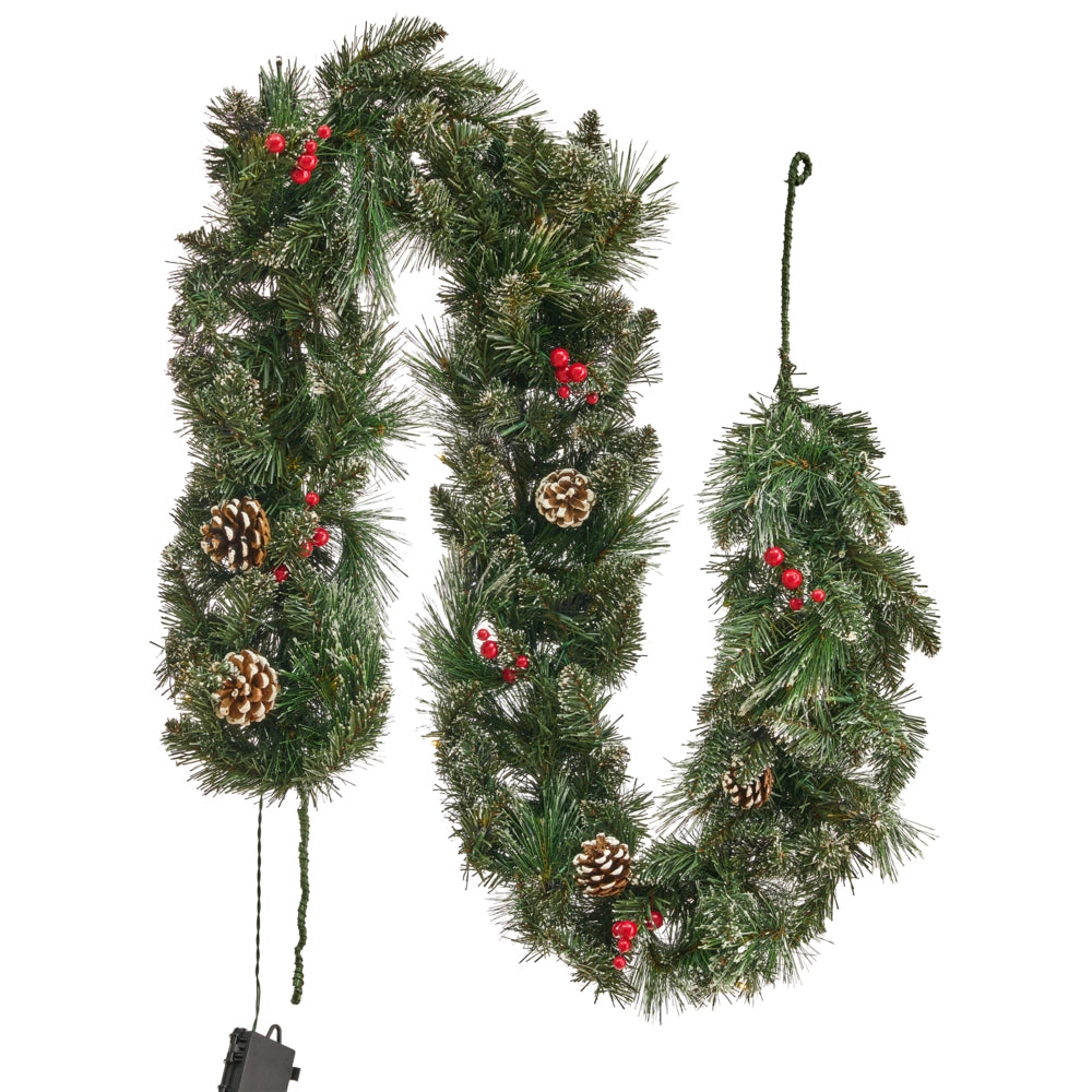 Festone LED verde bianco 180 cm materiale sintetico artificiale rami di Natale pigne bacche