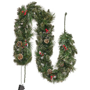 Festone LED verde bianco 180 cm materiale sintetico artificiale rami di Natale pigne bacche