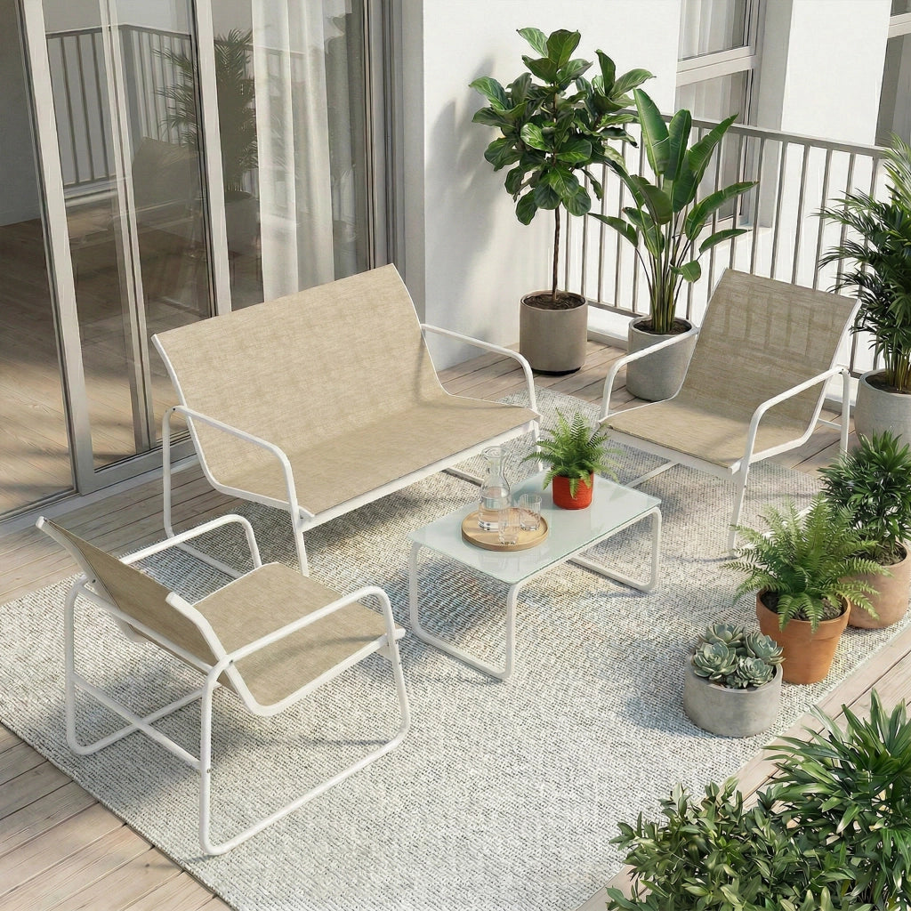 Set 4 Pezzi da Giardino con Divano 2 Poltrone e Tavolino in Texteline Cachi e Bianco