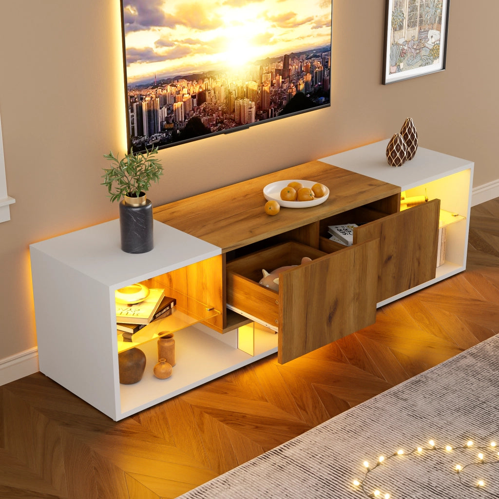Mobile TV con 2 cassetti e LED - per soggiorno - 160x40x42 cm - in truciolare - bianco