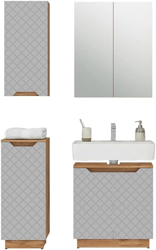 Set di mobili da bagno Lotta, Rovere/grigio con struttura in piastrelle, 4 parti