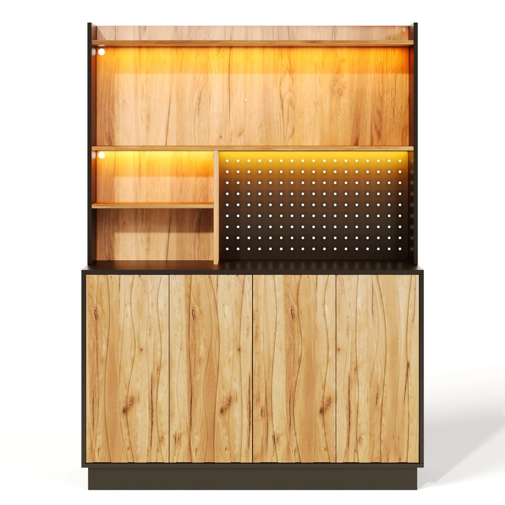 Mobile cucina 120x43x160 cm con LED RGB e prese in MDF naturale e nero