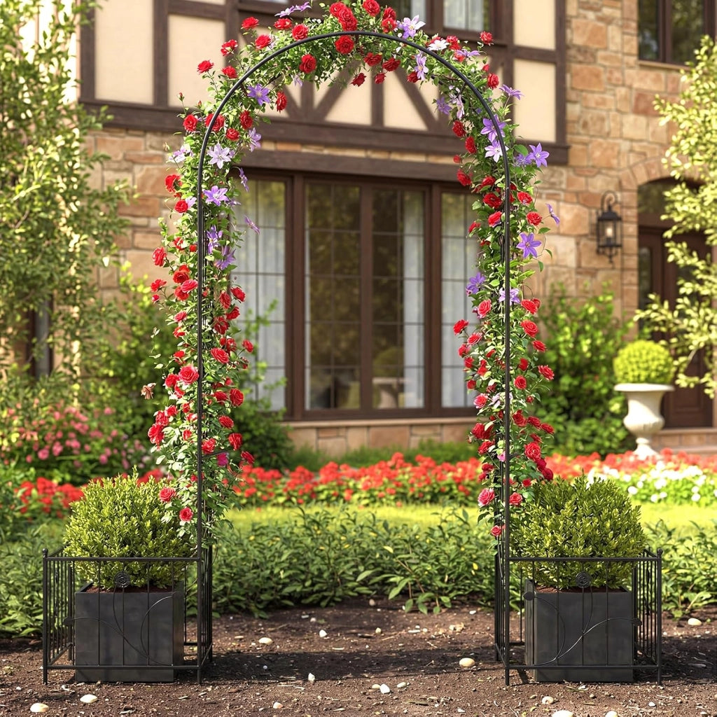 Arco da Giardino, Pergolato in Metallo con Fioriere Laterali, Arco da Esterno per Piante Rampicanti, Rose e Viti, Decorazione per Matrimonio e Festa, 198 x 49,5 x 221 cm