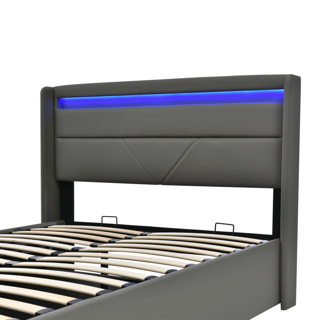 Letto matrimoniale contenitore 140x200 cm grigio con testiera illuminata e rete salvaspazio