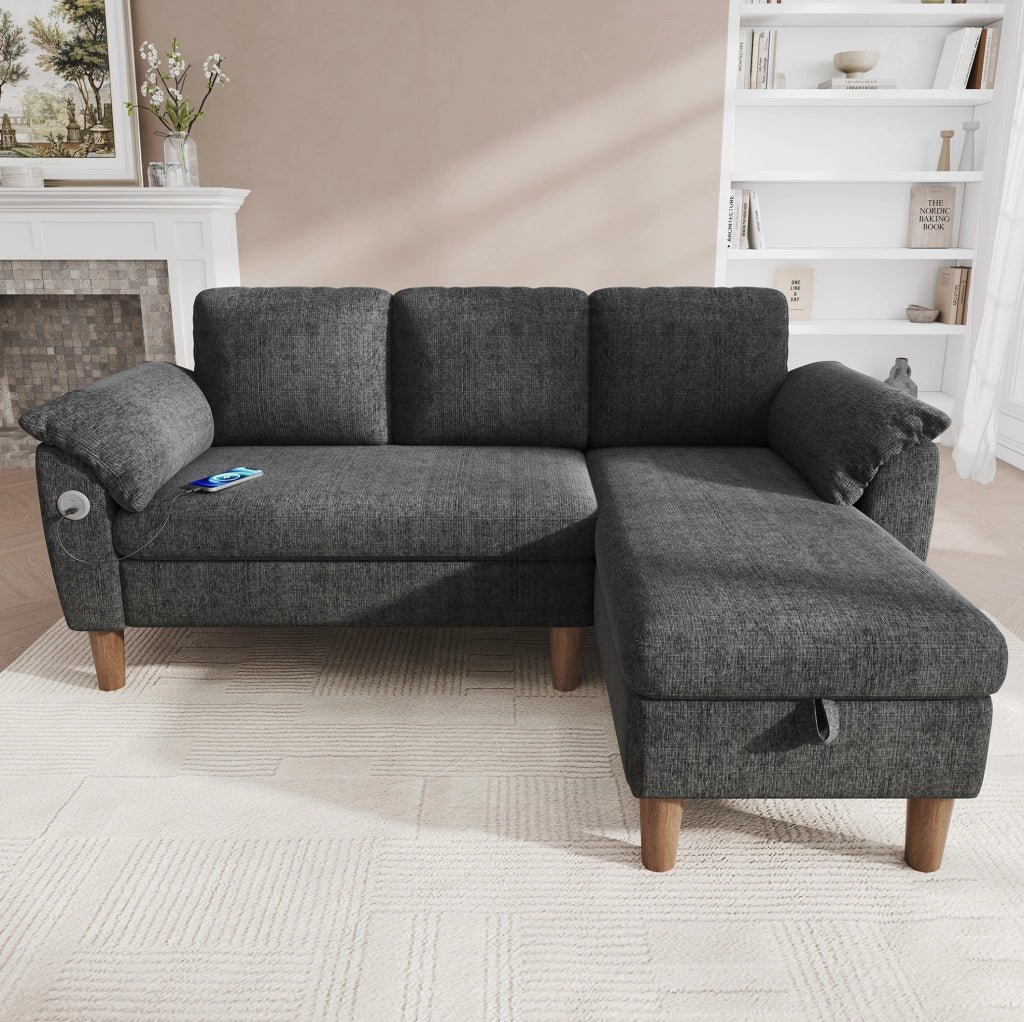 Divano angolare L 3 posti con chaise longue contenitore reversibile; USB e Type-C; grigio scuro