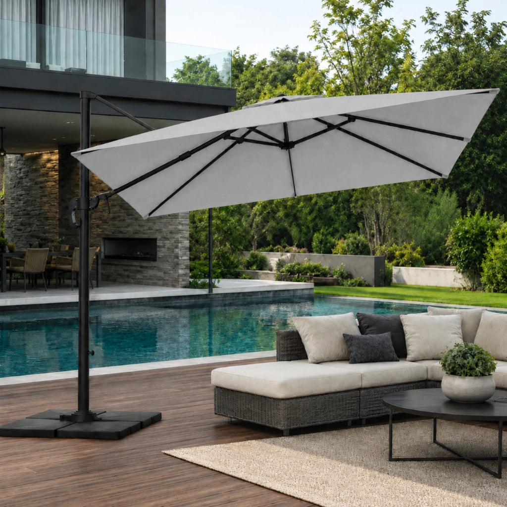 Ombrellone Professionale Per Giardino Terrazza Piscina Gazebo Bar Hotel Con Braccio Pieghevole Rotazione Completa 360° Tela Impermeabile Protezione Solare UV Acciaio Inossidabile 3x4 M Grigio Chiaro
