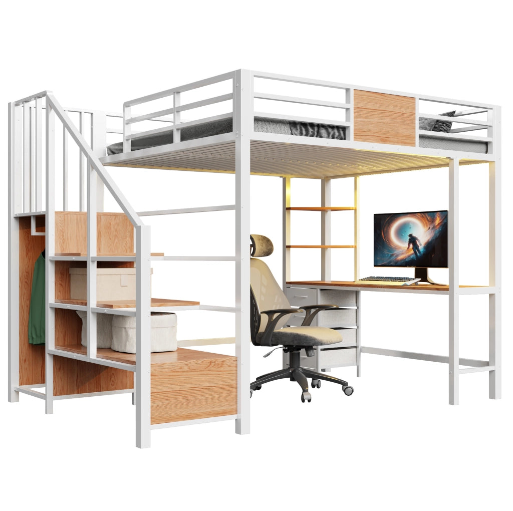 Letto a soppalco 140x200 cm con scrivania; ripiani; appendiabiti; LED e presa; metallo bianco