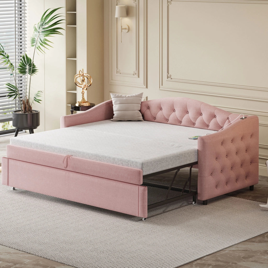 Letto singolo 90×200 cm salvaspazio estraibile con USB e rete; senza materasso; tessuto; rosa