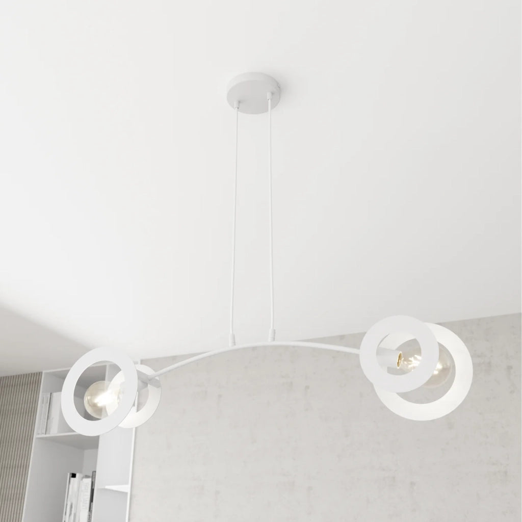 Lampadario 2 Luci Crono Acciaio Bianco A Bracci E Diffusori A Doppio Cerchio