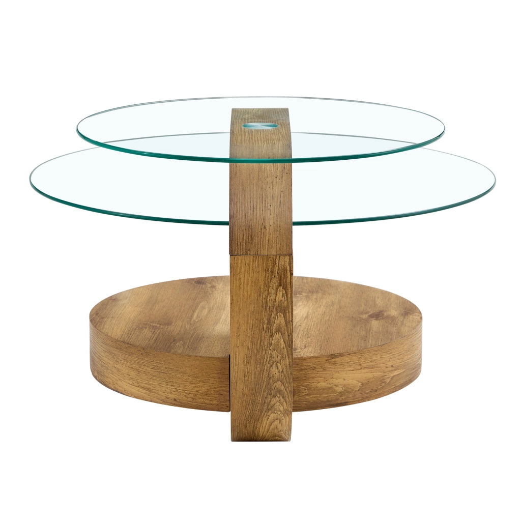Tavolino da caffè moderno in vetro temperato con supporto in MDF e design multi-livello, finiture effetto legno