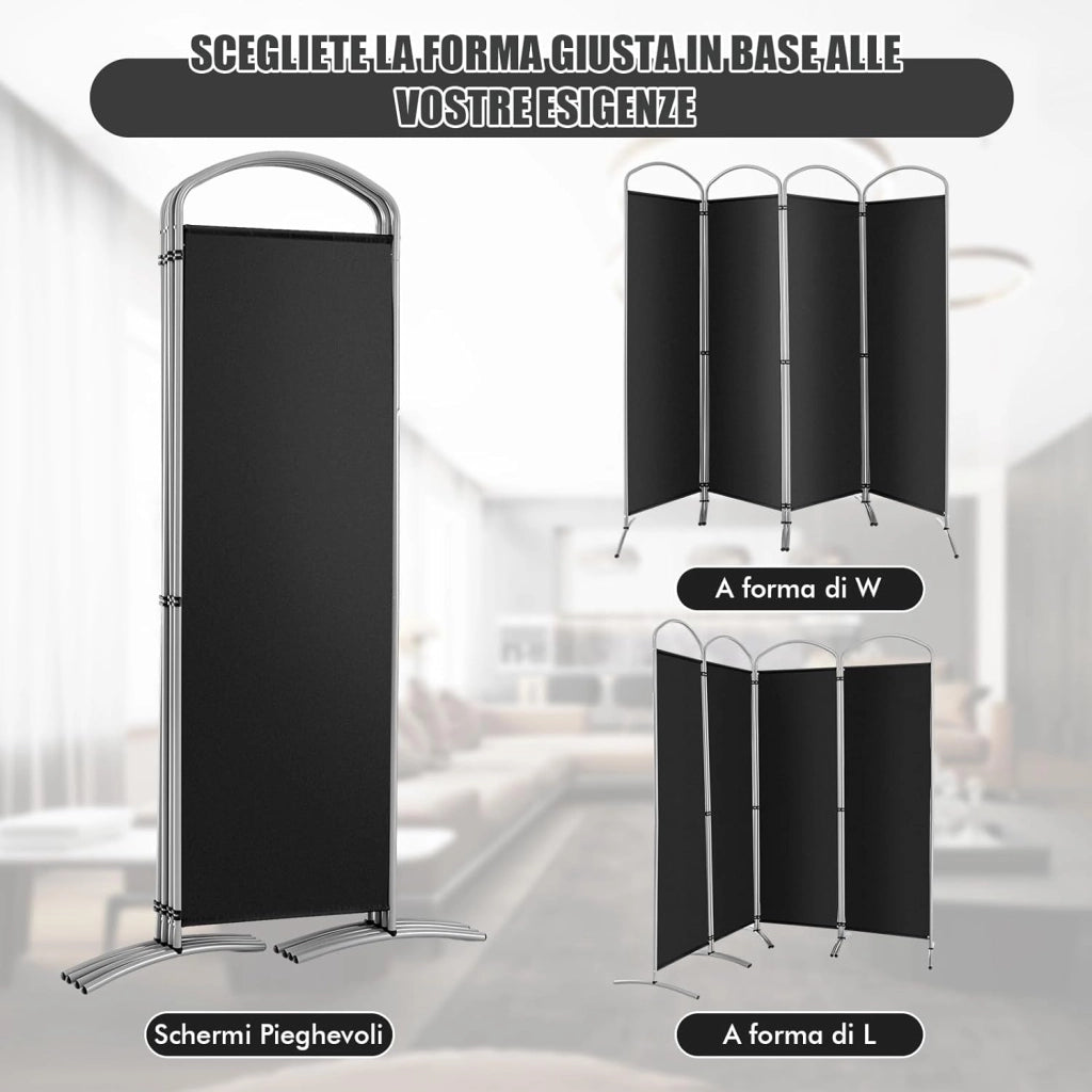 Paravento Pieghevole a 4/6 Pannelli, Separé Divisorio Interno ed Esterno, Pannelli Divisori per Camera da Letto, Ufficio e Soggiorno (221 x 188 cm 4 Pannelli, Nero)