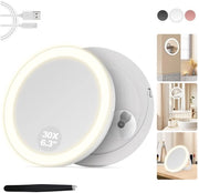 Specchio illuminato con attacco magnetico, 30x ingrandimento, 3 colori illuminanti e regolabile, per applicazioni di make-up precise, specchio da parete o da tavolo per la cabina doccia, bianco