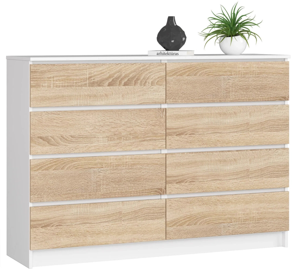 Cassettiera AKORD K140 Bianca 138 cm 8 cassetti inserto frontale Sonoma Quercia 138x40x99 cm