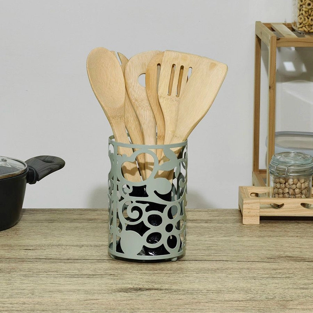 Trade Shop - Portautensili Da Cucina In Metallo Verde Salvia H16xø11cm Design Traforato Decorativo -